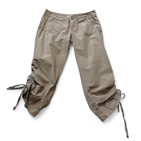 SO Clothing Pants - Vintage Y2K Khaki Tan SO Ruched Cinch Hem Capri Pants, Women's Size 0
